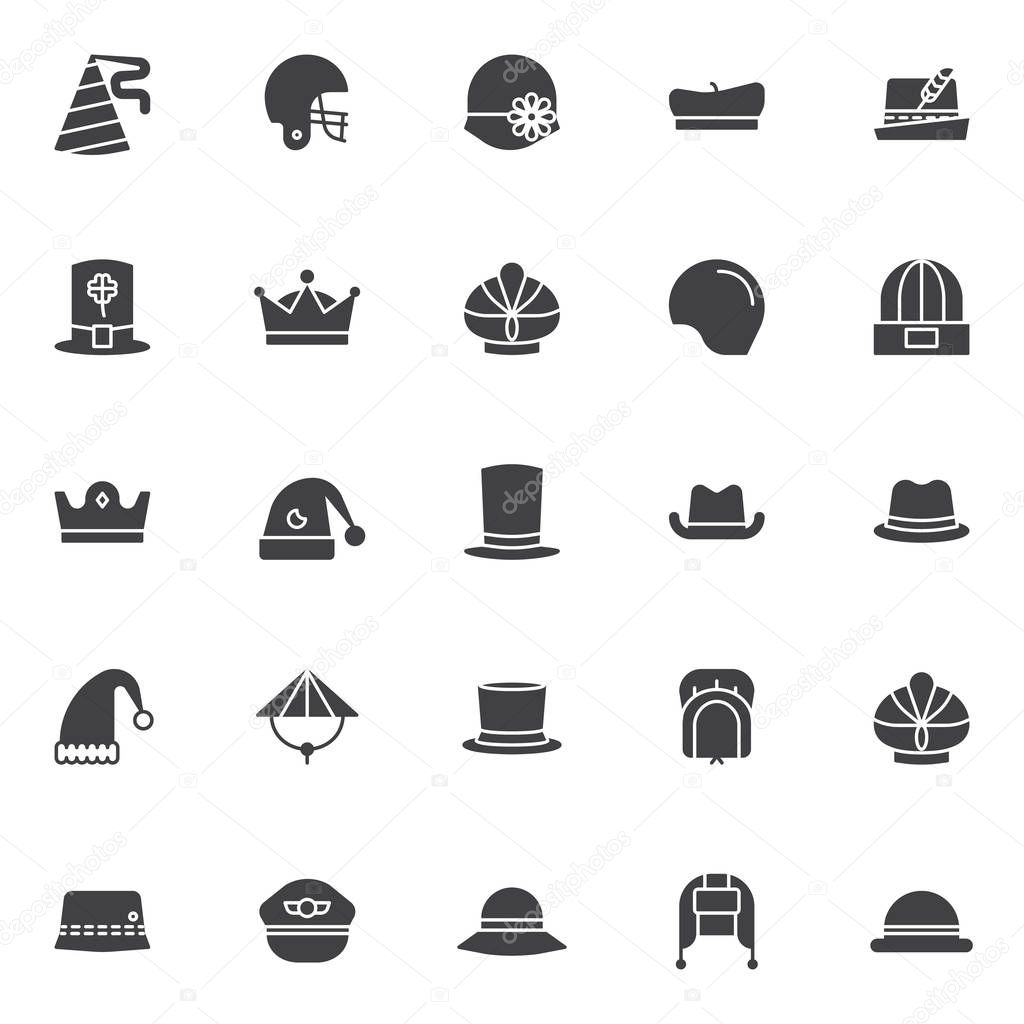 Headdress accessories vector icons set, modern solid symbol collection, filled style pictogram pack. Signs logo illustration. Set includes icons as american football helmet, women's hat bowler, german
