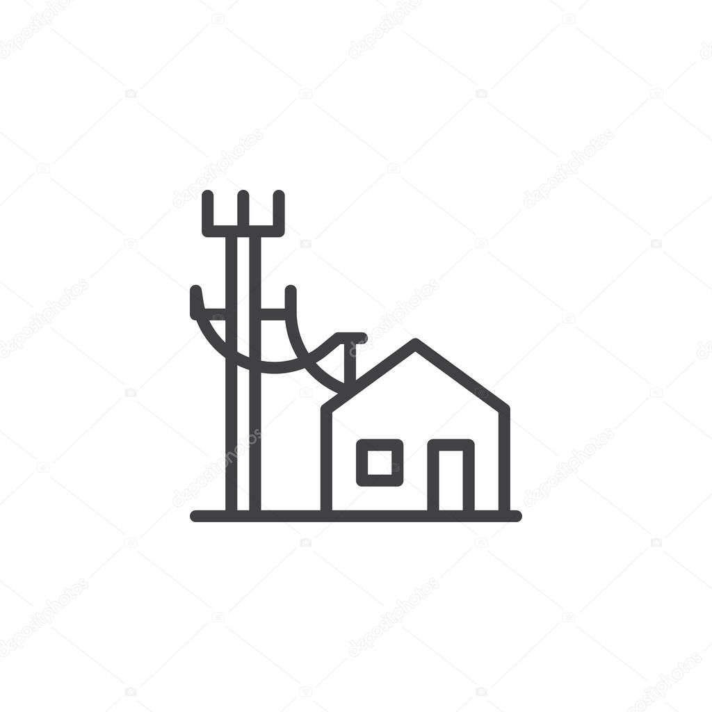 Electric poles line and house line icon, outline vector sign, linear style pictogram isolated on white. Electric power supply symbol, logo illustration. Editable stroke