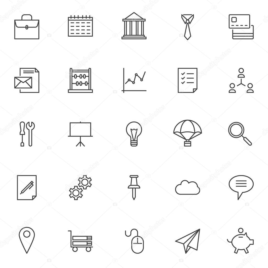 Business outline icons set. linear style symbols collection, line signs pack. vector graphics. Set includes icons as suitcase, wall calendar, bank building, businessman tie,credit card