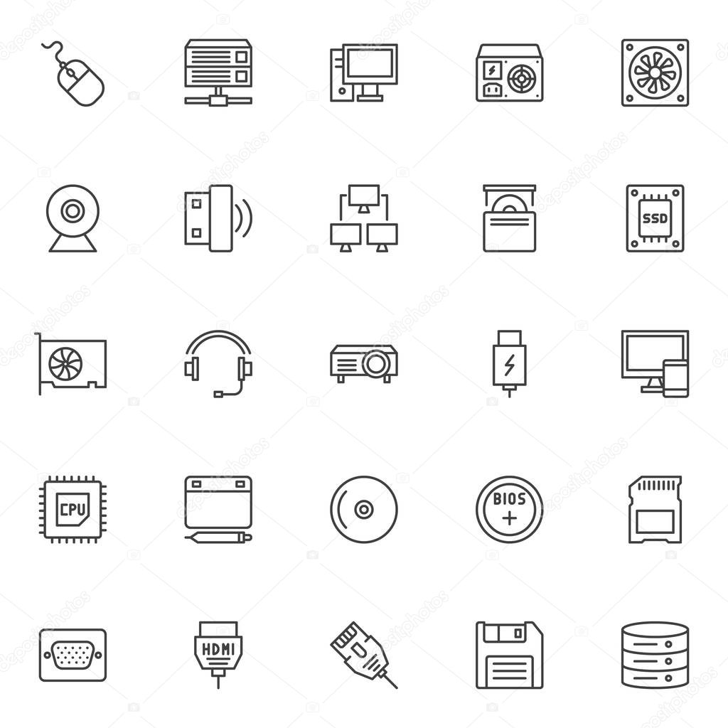 Computer device elements outline icons set. linear style symbols collection, line signs pack. vector graphics. Set includes icons as Database server, Desktop computer, Webcam, Wireless usb stick, SSD