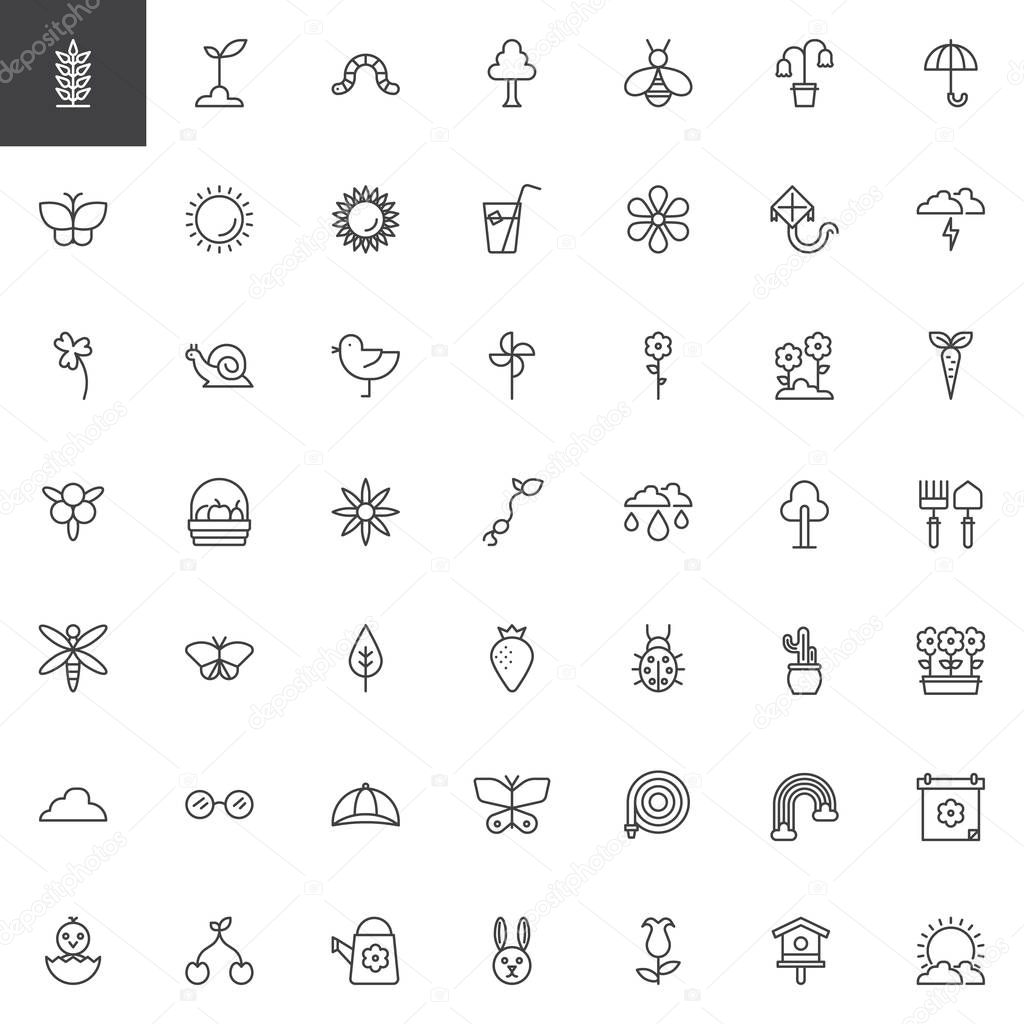 Spring season universal outline icons set. linear style symbols collection, line signs pack. vector graphics. Set includes icons as plant, sprout, sun, chicken, windmill, sunflower, flowers, tree