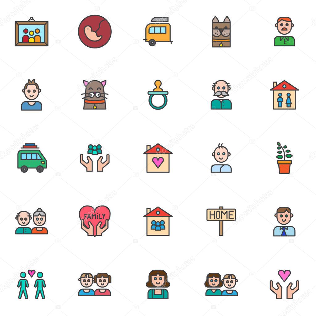 Family members filled outline icons set, line vector symbol collection, linear colorful pictogram pack. Signs, logo illustration, Set includes icons as picture in photo frame, pregnancy, trailer home