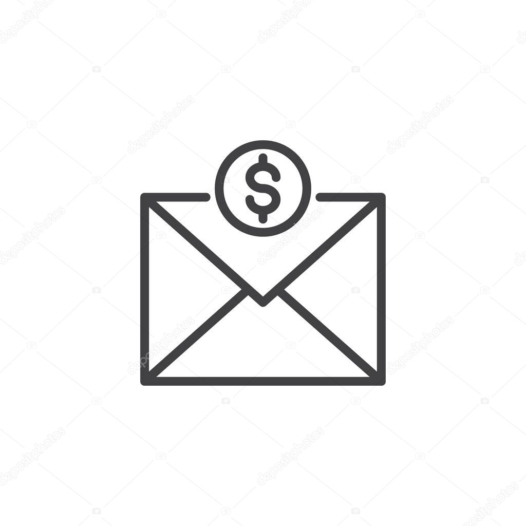 Mail envelope with dollar coins line icon, outline vector sign, linear style pictogram isolated on white. Send money by email symbol, logo illustration. Editable stroke