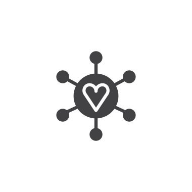 Bağlı sevgi dolu kalp simge vektör, düz işareti, üzerinde beyaz izole katı piktogram dolu. Hub ve bağlı bileşen logo illüstrasyon kalp simgesiyle.