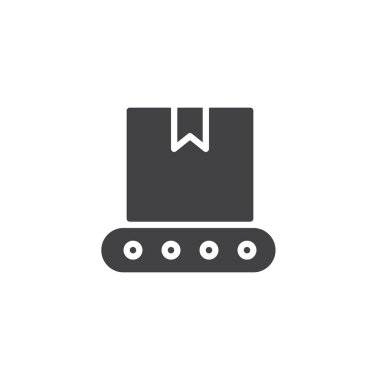 Konveyör bant kutusu simge vektör ile düz işareti, üzerinde beyaz izole katı piktogram dolu. Lojistik sembolü, logo illüstrasyon.