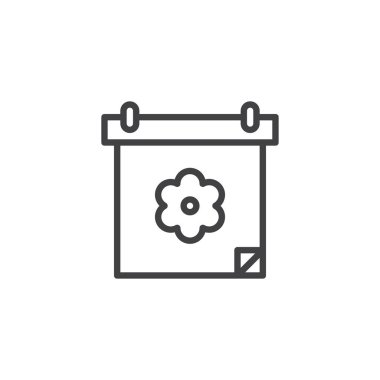 Çiçek anahat simgesi ile takvim. Mobil kavramı ve web tasarım için doğrusal stili işaret. Sedding shedule basit çizgi vektör simgesi. Sembol, logo illüstrasyon. Piksel mükemmel vektör grafikleri