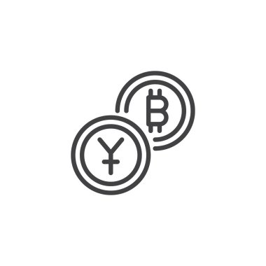 Bitcoin anahat simgesini Exchange'e Yuan. Mobil kavramı ve web tasarım için doğrusal stili işaret. Kripto Döviz Alım Satım basit çizgi vektör simgesi. Sembol, logo illüstrasyon. Piksel mükemmel vektör grafikleri