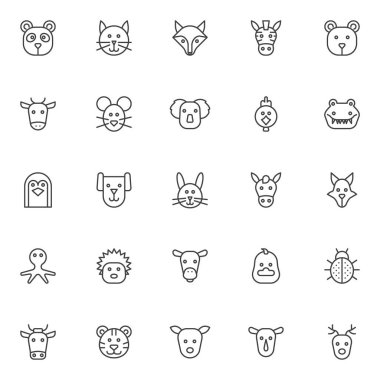 Hayvanlar Icons set anahat. Doğrusal stil semboller koleksiyonu, hat paketi imzalar. vektör grafikleri. Panda kafa, kedi, fox, zebra, ayı, inek, fare, koala, tavuk kuş timsah penguen simgeler içerir