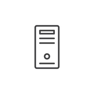 PC durumda satırı simgesi, anahat vektör işareti üzerinde beyaz izole doğrusal stil piktogram. Bilgisayar Kulesi sembolü, logo illüstrasyon. Düzenlenebilir kontur