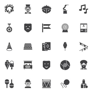 Sirk elemanları vektör simgeler kümesi, modern katı simgesi toplama, dolgulu tarz piktogram paketi. İşaretler, logo illüstrasyon. Set simgeleri yangın, sihirbaz sirk aktör, karnaval maskesi halkası olarak içerir.