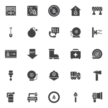 İtfaiye vektör simgeler kümesi, modern katı simgesi toplama, dolgulu tarz piktogram paketi. İşaretler logo illüstrasyon. Yangın alarm düğmesi, elektrik yanıcı, ev, ateş gibi kamyon simgeler kümesi içerir