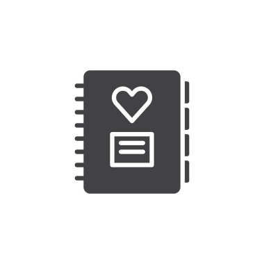 Defter ile kalp simge vektör, düz işareti, üzerinde beyaz izole katı piktogram dolu. Aşk günlüğü sembolü, logo illüstrasyon.
