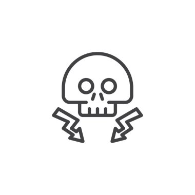 Yüksek gerilim ölüm kafatası yıldırım demeti çizgi simgesiyle anahat vektör işareti, üzerinde beyaz izole doğrusal stil piktogram. Tehlike elektrik sembolü, logo illüstrasyon. Düzenlenebilir kontur