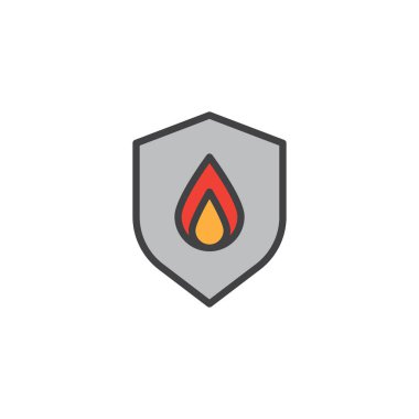 Kalkan güvenli yangın doldurulmuş anahat simgesini, çizgi vektör işareti, üzerinde beyaz izole doğrusal renkli sembol. Yangın güvenlik sembolü, logo illüstrasyon. Piksel mükemmel vektör grafikleri