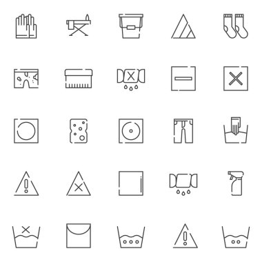 Çamaşırhane öğeleri Icons set anahat. Doğrusal stil semboller koleksiyonu, hat paketi imzalar. vektör grafikleri. Eldiven, Ütü masası, kova, çamaşır suyu, çorap, pis şort, fırça yıkama simgeler içerir