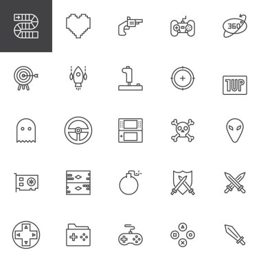 Video oyun elemanları Icons set anahat. Doğrusal stil semboller koleksiyonu, hat paketi imzalar. vektör grafikleri. Gamepad, joystick düğme, konsol, denetleyicisi, ekran kartı, 360 derece olarak simgeler içerir