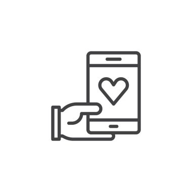 Kalp satırı simgesi, telefonla tutan el anahat vektör işareti, üzerinde beyaz izole doğrusal stil piktogram. Gönderen sevgi ileti simgesi, logo illüstrasyon. Düzenlenebilir kontur