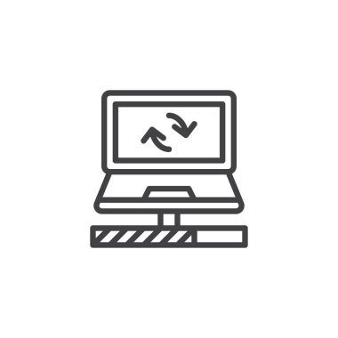 Dizüstü bilgisayar eşitleme satırı simgesi, anahat vektör işareti üzerinde beyaz izole doğrusal stil piktogram. Sembol, logo illüstrasyon. Düzenlenebilir kontur