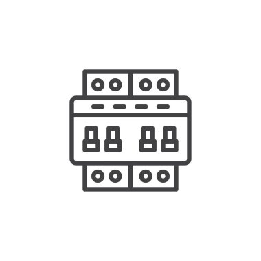 Devre kesici anahtarı satırı simgesi, anahat vektör işareti üzerinde beyaz izole doğrusal stil piktogram. Elektrik açma/kapatma düğmesi simgesi, logo illüstrasyon. Düzenlenebilir kontur