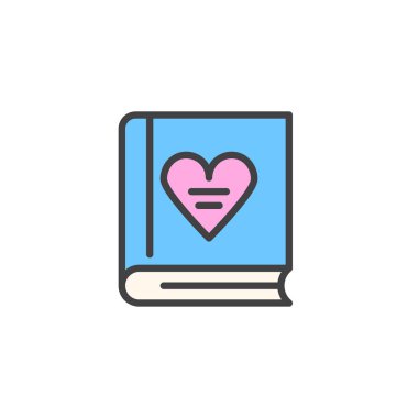 Kalp kitapla dolu anahat simgesini, çizgi vektör işareti, üzerinde beyaz izole doğrusal renkli sembol. Sevgililer günü sembolü, logo illüstrasyon. Piksel mükemmel vektör grafikleri