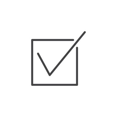 Onay işareti kare satırı simgesi, anahat vektör işareti üzerinde beyaz izole doğrusal stil piktogram. Kene sembolü, logo illüstrasyon. Düzenlenebilir kontur