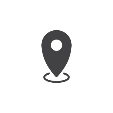 Konumu PIN simge vektör, düz işareti, üzerinde beyaz izole katı piktogram dolu. Harita işaretçi simgesi, logo illüstrasyon.