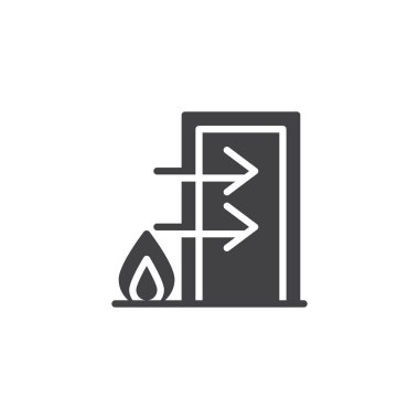 Yangın çıkış simge vektör, dolu düz işareti, üzerinde beyaz izole katı piktogram. Acil çıkış sembolü, logo illüstrasyon.