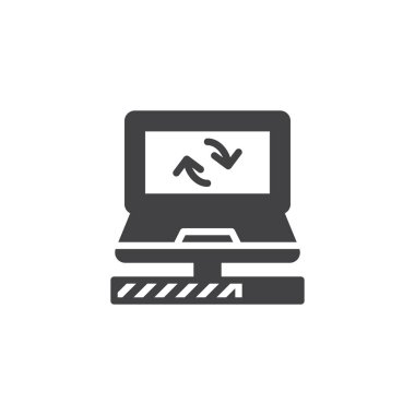 Dizüstü bilgisayar eşitleme simge vektör, düz işareti, üzerinde beyaz izole katı piktogram dolu. Sembol, logo illüstrasyon.