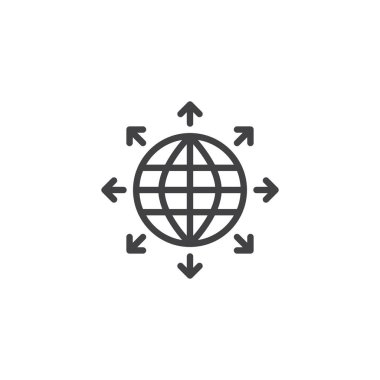 Küre ve vektör işareti, üzerinde beyaz izole doğrusal stil piktogram anahat giden okları satırı simgesi. Sembol, logo illüstrasyon. Düzenlenebilir kontur