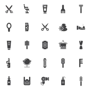 Kuaför aksesuarları vektör simgeler kümesi, modern katı simgesi toplama, dolgulu piktogram paketi. İşaretler, logo illüstrasyon. Makas, Kuaför dükkanı sandalye, saç fırçası, jilet, el ayna olarak simgeler içerir
