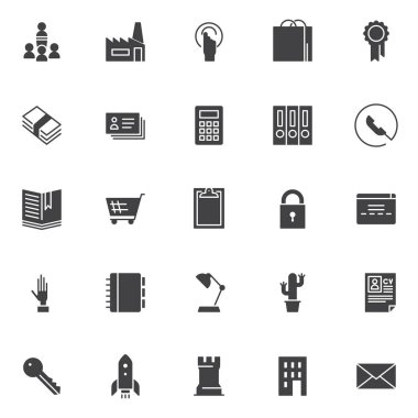 İş öğeleri vektör simgeler kümesi, modern katı simgesi toplama, dolgulu tarz piktogram paketi. İşaretler, logo illüstrasyon. Konuşma Kürsü, el hareketi, sertifika hatip olarak simgeler içerir