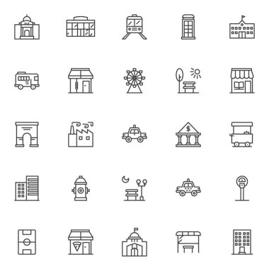 Kentsel binalar Icons set anahat. Doğrusal stil semboller koleksiyonu, hat paketi imzalar. vektör grafikleri. Set simgeleri bina Sarayı, Alışveriş Merkezi, Kuaför dükkanı mağaza, Otogar Camii olarak içerir.