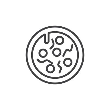 Pizza satırı simgesi, anahat vektör işareti üzerinde beyaz izole doğrusal stil piktogram. Fast food sembolü, logo illüstrasyon. Düzenlenebilir kontur