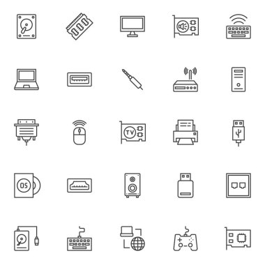 Bilgisayar bileşenleri Icons set anahat. Doğrusal stil semboller koleksiyonu, hat paketi imzalar. vektör grafikleri. Set içerir simgeleri Hdd, Ram bellek, monitör, ses kartı, klavye, Laptop, Pc case, yönlendirici