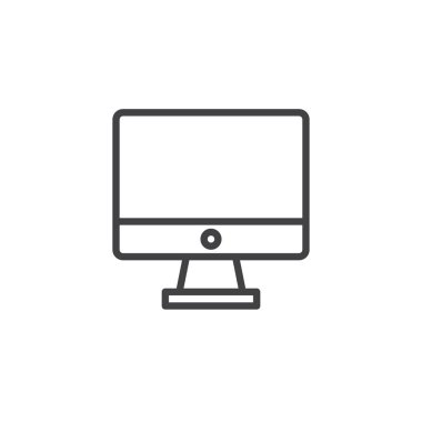 Masaüstü bilgisayar monitörü satırı simgesi, anahat vektör işareti üzerinde beyaz izole doğrusal stil piktogram. Görüntü simgesi, logo illüstrasyon. Düzenlenebilir kontur