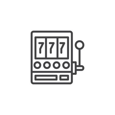 Slot makinesidir yedili ile satır simgesi, anahat vektör işareti, üzerinde beyaz izole doğrusal stil piktogram. Casino makine sembolü, logo illüstrasyon. Düzenlenebilir kontur