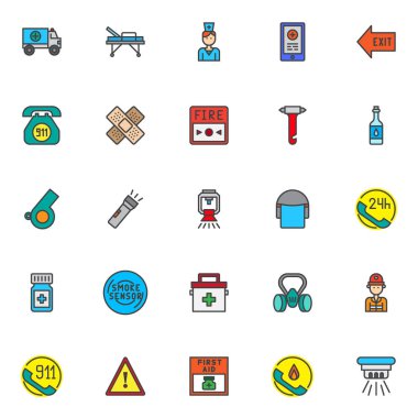 Acil durumlar dolu anahat Icons set, çizgi vektör simgesi toplama, doğrusal renkli piktogram paketi. İşaretler, logo illüstrasyon, Ambulans kamyon, tıbbi sedye, acil arama simgeler içerir