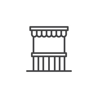 Gıda satırı simgesi standı, vektör işareti, anahat üzerinde beyaz izole doğrusal stil piktogram. çiftçilerin piyasa ahır sembolü, logo illüstrasyon. Düzenlenebilir kontur