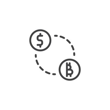 Dolar ve bitcoin Satım anahat simgesi. Mobil kavramı ve web tasarım için doğrusal stili işaret. Kripto Döviz işlem basit çizgi vektör simge değiştir. Sembol, logo illüstrasyon. 