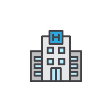 Otel binası doldurulmuş anahat simgesini, çizgi vektör işareti, üzerinde beyaz izole doğrusal renkli sembol. Sembol, logo illüstrasyon. Piksel mükemmel vektör grafikleri