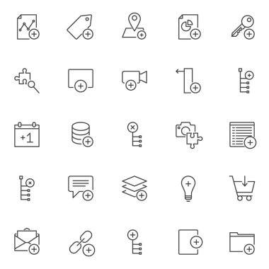 Öğeleri anahat simgeleri kümesini ekleyin. Doğrusal stil semboller koleksiyonu, hat paketi imzalar. vektör grafikleri. Büyüteç ile bir bulmaca, video eklemek gibi grafik, etiket, konumu, pasta grafik, anahtar, simgeler içerir