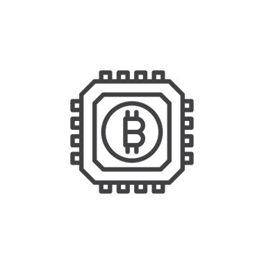 Bitcoin ve ASIC çip anahat simgesi. Mobil kavramı ve web tasarım için doğrusal stili işaret. Cryptocurrency madencilik donanım basit çizgi vektör simgesi. Sembol, logo illüstrasyon. Vektör grafikleri