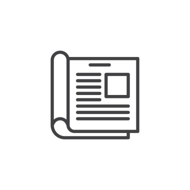 Haberler, açık dergi satırı simgesi, anahat vektör işareti üzerinde beyaz izole doğrusal stil piktogram. Günlük gazete simgesi, logo illüstrasyon. Düzenlenebilir kontur