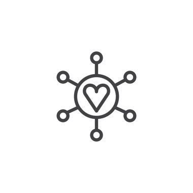 Kalp satırı simgesi sevgi dolu bağlı, vektör işareti, üzerinde beyaz izole doğrusal stil piktogram anahat. Hub ve bağlı bileşen kalp simgesi, logo illüstrasyon ile. Düzenlenebilir kontur