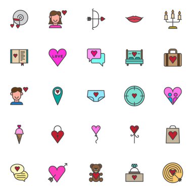 Evrensel doldurulmuş anahat Icons set, çizgi vektör simgesi toplama, doğrusal renkli piktogram paketi seviyorum. İşaretler, logo illüstrasyon, disk ve kalp notları, öpücük ile romantik müzik olarak simgeler içerir