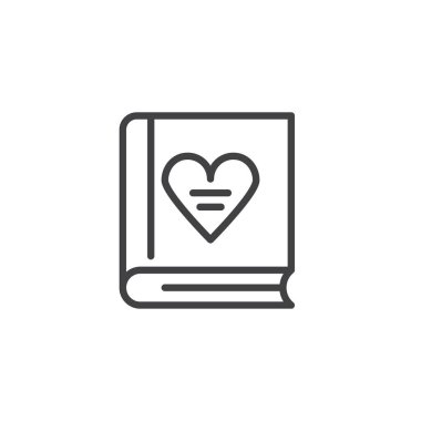 Kitap aşk kalp satırı simgesi ile vektör işareti, anahat üzerinde beyaz izole doğrusal stil piktogram. Sevgililer günü sembolü, logo illüstrasyon. Düzenlenebilir kontur