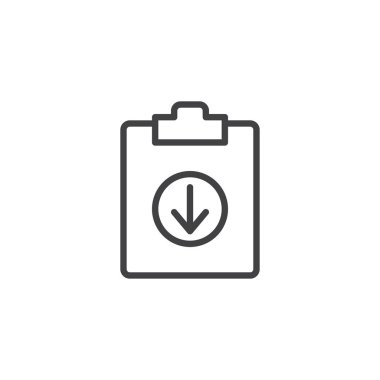 Belge dosyası satırı simgesi download, vektör işareti, anahat üzerinde beyaz izole doğrusal stil piktogram. Pano sembol, logo illüstrasyon aşağı ok ile. Düzenlenebilir kontur
