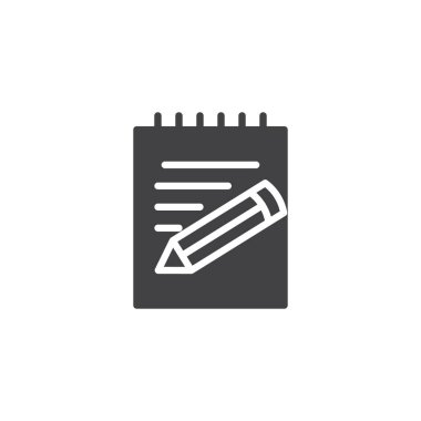 Kağıt, defter, not defteri kalem simge vektör, düz işareti, üzerinde beyaz izole katı piktogram dolu. Yazılı notlar sembolü, logo illüstrasyon.