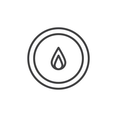 Alevi daire çizgisi simgesinde, vektör işareti, anahat üzerinde beyaz izole doğrusal stil piktogram. Yangın alarm düğme sembolü, logo illüstrasyon. Düzenlenebilir kontur