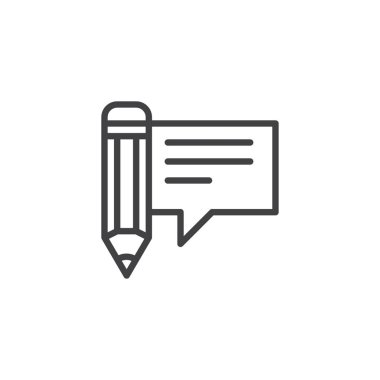 Sohbet hattı simgesi yazma, anahat vektör işareti, üzerinde beyaz izole doğrusal stil piktogram. Kalem ve konuşma balonu sembolü, logo illüstrasyon. Düzenlenebilir kontur